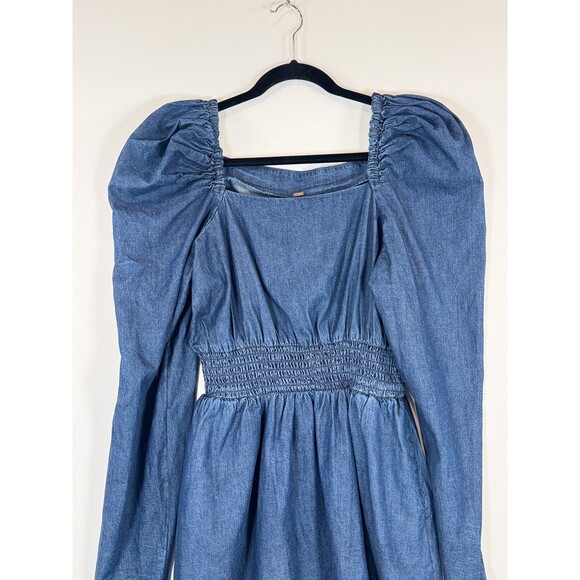 Free People Womens Dress Molly Mini Chambray Puff Sleeve Smocked A Line Large - Picture 7 of 11